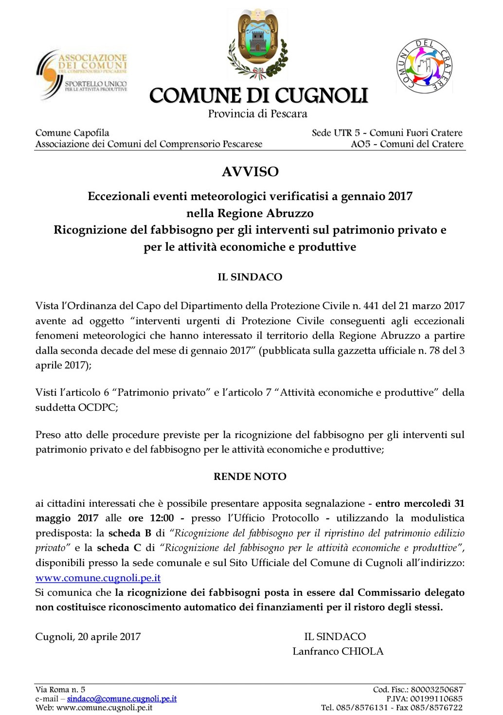 Eccezionali eventi metereologici verificatisi a Gennaio 2017